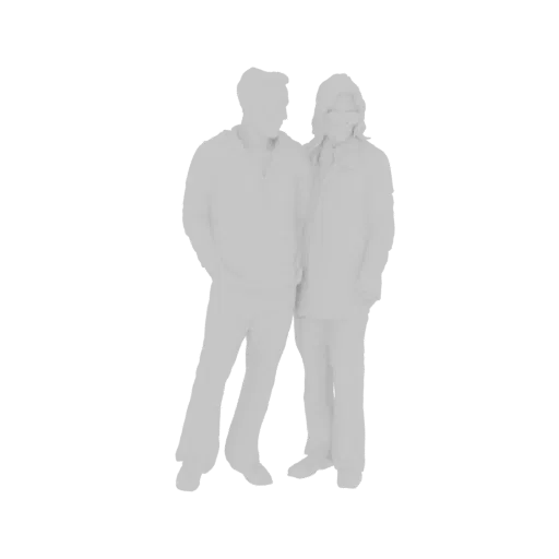 A 3D model of two friends standing side-by-side, rendered in a monochromatic style against a black background.