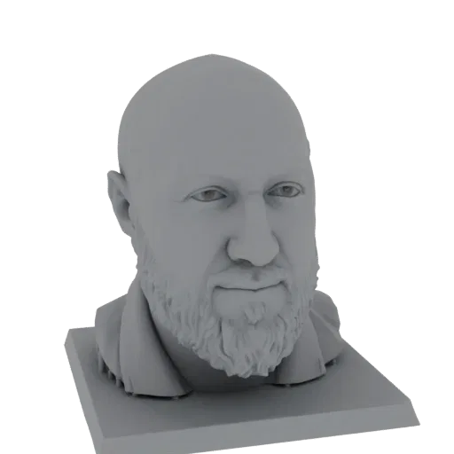 3D model render of a bald man's bust with a detailed beard, facing slightly to the right, on a square base.