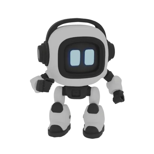 Rendering 3D di un robot bianco e nero carino, con cuffie nere, con un volto a schermo che mostra occhi blu.
