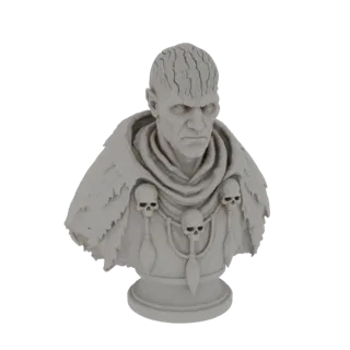 3D model render of a grim warrior bust with a skull necklace and fur cloak, against a white background.