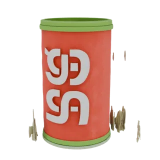 3D model of a red cylinder with white letters "GG", standing on a white background.