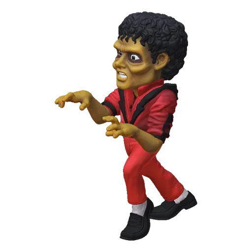 3D model of a zombie Michael Jackson figure in his iconic red Thriller outfit, with outstretched hands and a menacing express