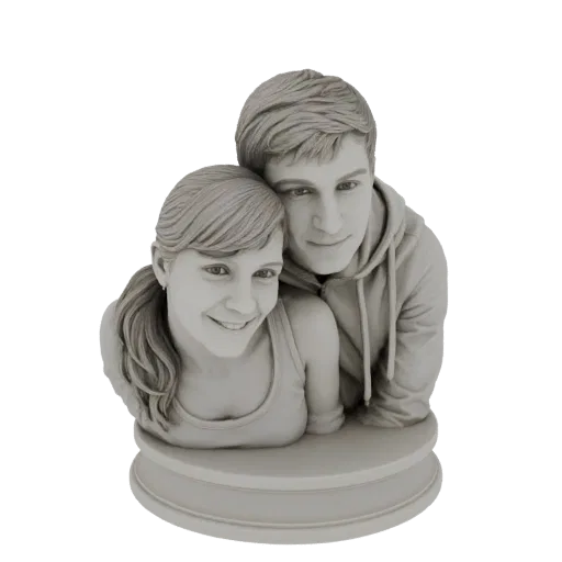 3D model of a romantic couple embracing, with the woman's head resting on the man's shoulder, displayed on a pedestal.