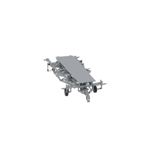 3D model of a lightweight aircraft tow bar trailer with a grey finish, showing its frame, wheels, and tow hitch.