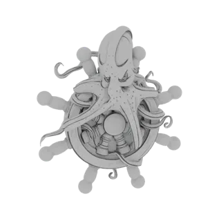 Render de modelo 3D de un pulpo furioso envuelto alrededor de un timón de barco, con tentáculos detallados y expresión feroz.