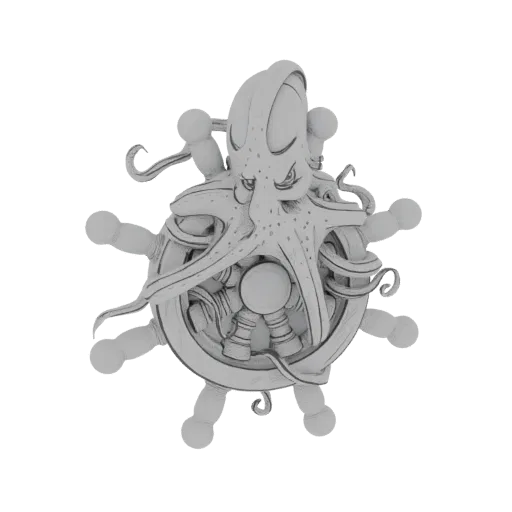 3D model render of an angry octopus wrapped around a ship's steering wheel, with detailed tentacles and a fierce expression.