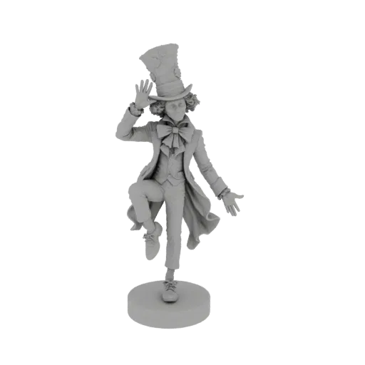 3D-Modell des Charakters Hutmacher in einer skurrilen, dynamischen Pose, trägt seinen charakteristischen Zylinder und seine K