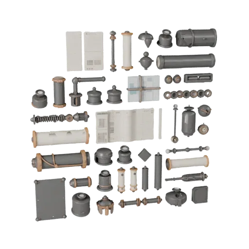 Modelo 3D Urban Scroll Bundle, vista frontal em três quartos, viewport Unity, mostrando cartões tipo papel, formas pequenas e legíveis.
