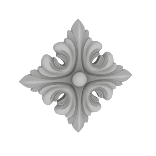 A 3D render of a white, ornate medallion with acanthus leaf scrollwork and a central sphere, set against a black background.