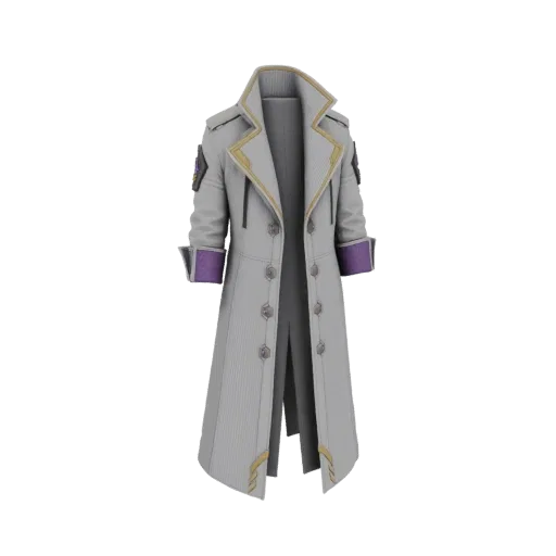 3D model of a fantasy military trench coat in light gray with purple and gold accents, featuring a high collar and double-bre