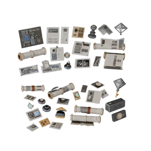 Urban Scroll Bundle Stylized 3D model, stylized isometric render, showing paper-like cards, small readable forms.