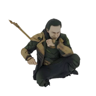 3D model of Loki crouching with his scepter, wearing green and gold Asgardian armor, looking to the side.