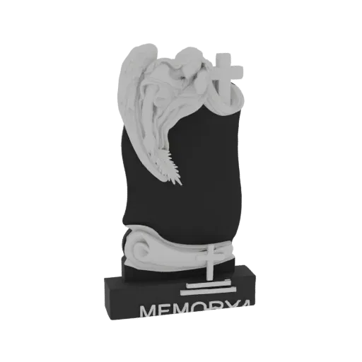 3D model of a white angel monument with a cross on a dark base, inscribed with 'MEMORYA'
