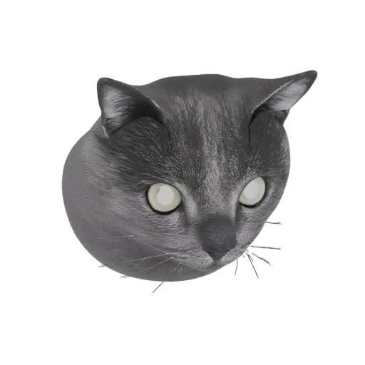 Render 3D di un busto di testa di gatto grigio con texture dettagliata del pelo e occhi luminosi e accattivanti, su sfondo bi