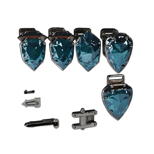 Gem Set Tie Clip game ready 3D model, side view studio render, with calibrated cufflink silhouette and material reads.