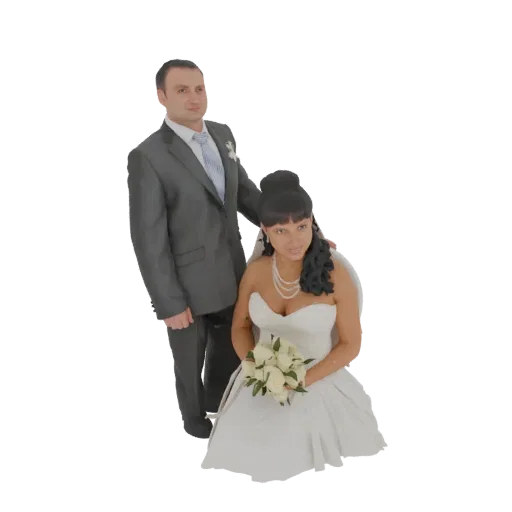 3D model of a wedding couple, with the bride kneeling in a white gown and holding roses, and the groom standing beside her in