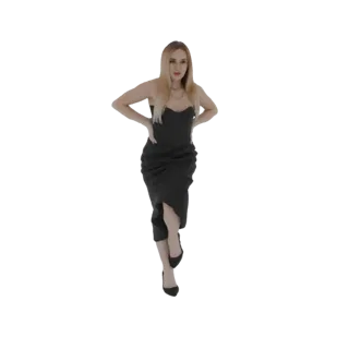Modelo 3D de uma mulher com cabelo loiro vestindo um vestido preto tomara-que-caia e saltos altos pretos, posando com as mãos