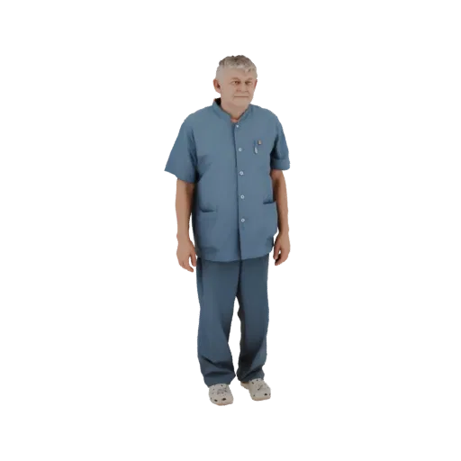 3D model of an elderly male doctor with grey hair, wearing blue scrubs and standing with a pen in his pocket.