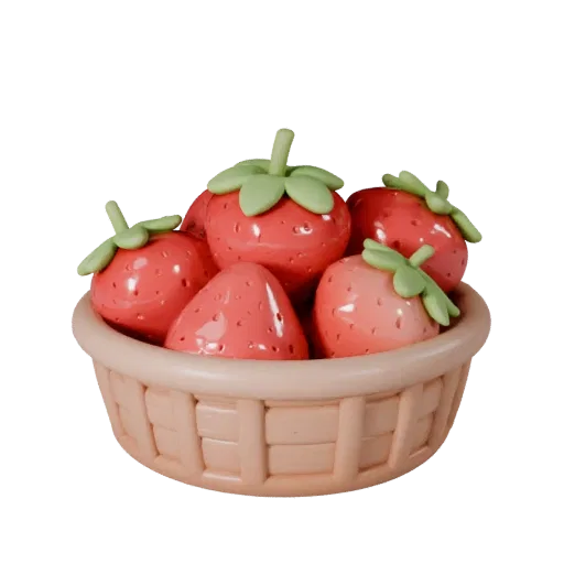 Fresh Strawberry Basket Stylized 3D model, stylized isometric render, showing skin pores, recognizable fruit forms.