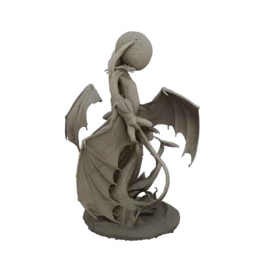 3D model of a detailed dragon sculpture coiled around a textured moon, against a white background.