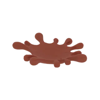 A 3D render of a realistic chocolate splash frozen in mid-air with droplets and tendrils.