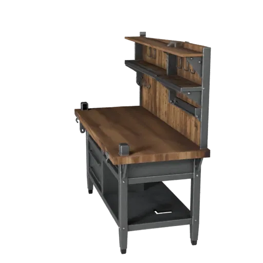Garage Workbench Realistic 3D model, three-quarter studio render, showing steel frames, stable fixtures.