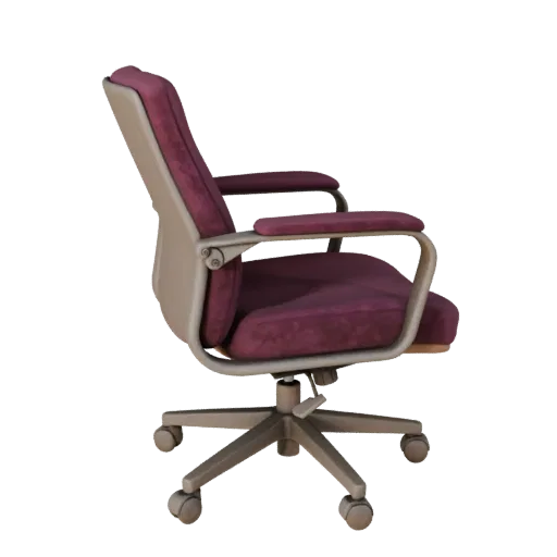 Samt-Bürostuhl 3D-Modell, Büro, Dreiviertel-Frontansicht, Unity-Viewport, Holzdetail.