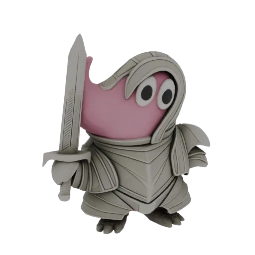 3D model of a cute pink character wearing detailed knight armor and holding a sword, with large googly eyes.