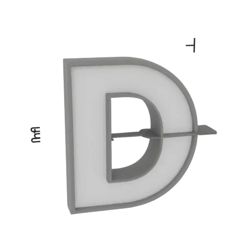 3D-Modell des russischen Buchstabens D mit Nut, 150 mm hoch, mit grauem Umriss und weißer Beleuchtung.