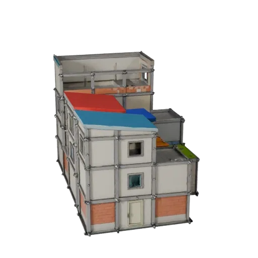 Stadtgebäude-Bausatz stilisierter 3D-Modell, isometrische stilisierte Spielumgebungsansicht, die modulare Gebäude-Bausatz-Mat