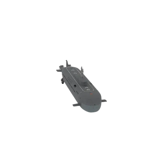 A 3D render of a modern grey submarine with a sleek hull and conning tower, viewed from a slight angle.