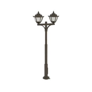 3D model of an ornate double-lamp post with two glowing lamps and a dark metallic finish, set against a black background.