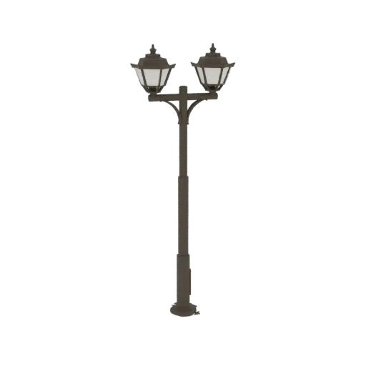 3D model of an ornate double-lamp post with two glowing lamps and a dark metallic finish, set against a black background.