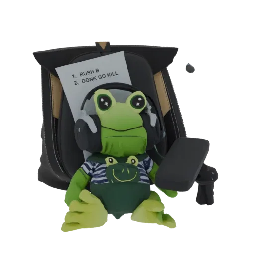 3D model of a green frog plush wearing headphones, holding a smartphone, with a backpack and strategy sheet.