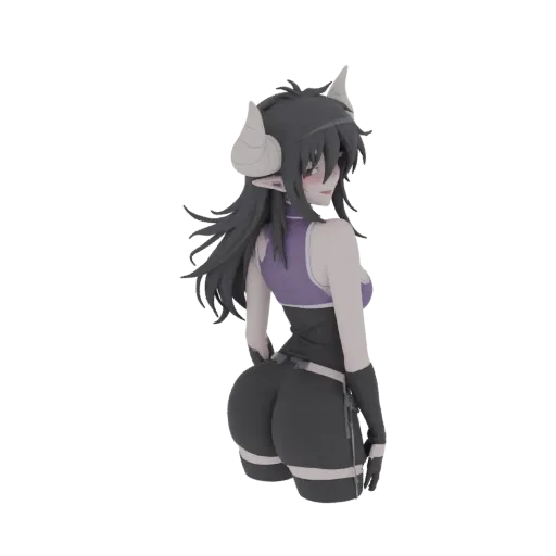3D model of an anime demon girl with black hair, light horns, and a tail, wearing a purple top and black shorts, posed lookin