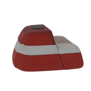 Seitenansicht eines 3D-Modells eines futuristischen Pod-Fahrzeugs, überwiegend rot mit einem weißen Streifen und einem dunkle