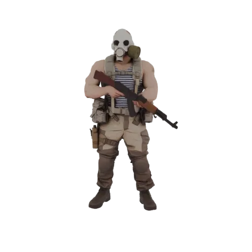 3D model of a soldier wearing a white gas mask, a striped undershirt, and desert camouflage, holding an AK-47 rifle.