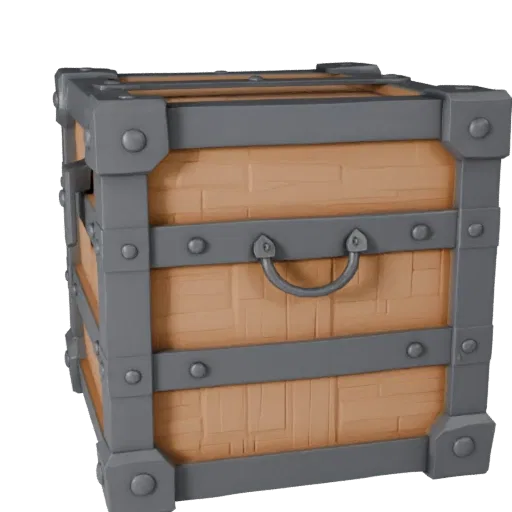 Medieval Supply Box Low Poly 3D model, game viewport three-quarter view, showing wood planks, stackable massing.