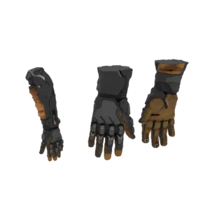Modello 3D di un braccio cibernetico futuristico e due paia di guanti abbinati, con accenti metallici di bronzo e arancione.