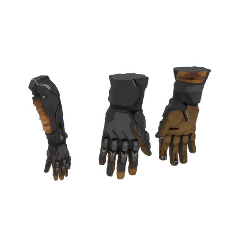 3D model of a futuristic cybernetic arm and two pairs of matching gloves, with metallic bronze and orange accents.