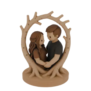 3D model of a couple holding hands and embracing under stylized tree branches, rendered in a warm, earthy tone.