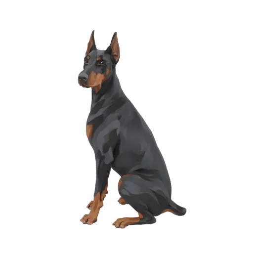 Modello 3D di un cane Dobermann seduto attentamente, con pelo nero e focato, orecchie dritte e sguardo concentrato.