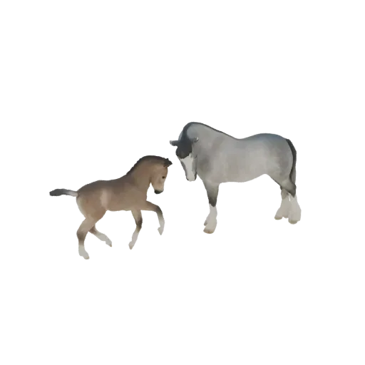 Um modelo 3D de um cavalo cinza com um potro castanho claro ao lado, ambos voltados um para o outro.