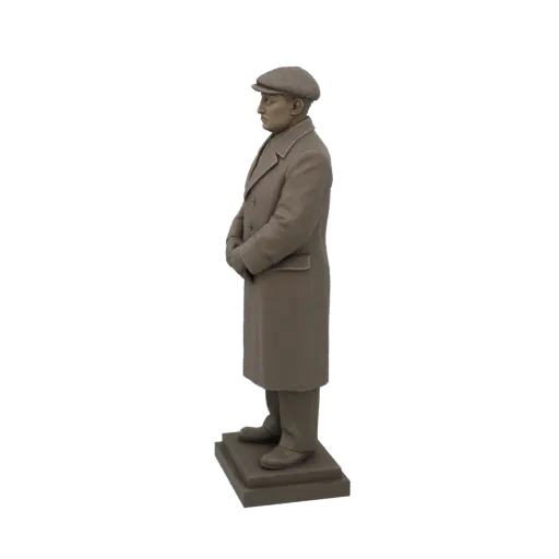 3D model of a man in a brown coat and flat cap, standing on a square base, viewed from the side.