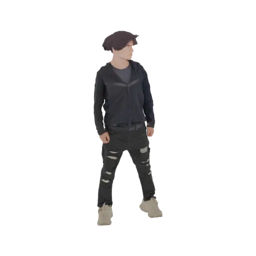 3D model of a young person in ripped jeans and a dark hoodie, posing confidently with hands on hips.