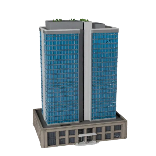 High Rise Office Building stylized 3D model, isometric stylized game environment view, showing commercial office building materials and architectural detail