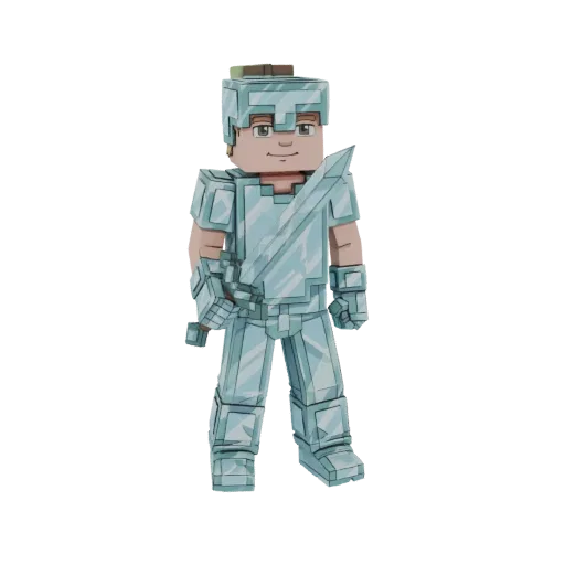 3D model of a blocky warrior character wearing shiny diamond armor and holding a diamond sword.