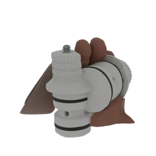 3D model of a white industrial valve with black bands, held by stylized brown hands, against a white background.