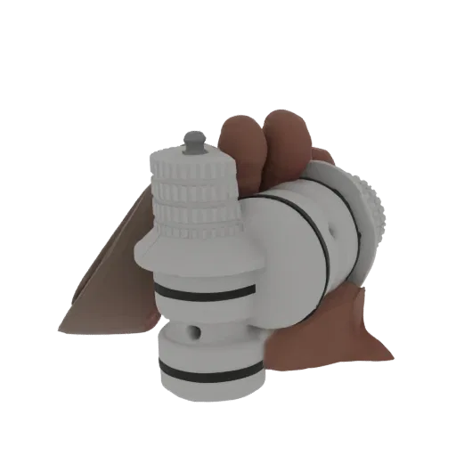 Modello 3D di una valvola industriale bianca con fasce nere, tenuta da stilizzate mani marroni, su sfondo bianco.