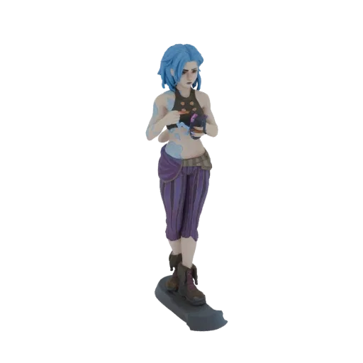 3D model of Jinx, a character with blue hair, wearing a cropped top and striped pants, holding a small item.